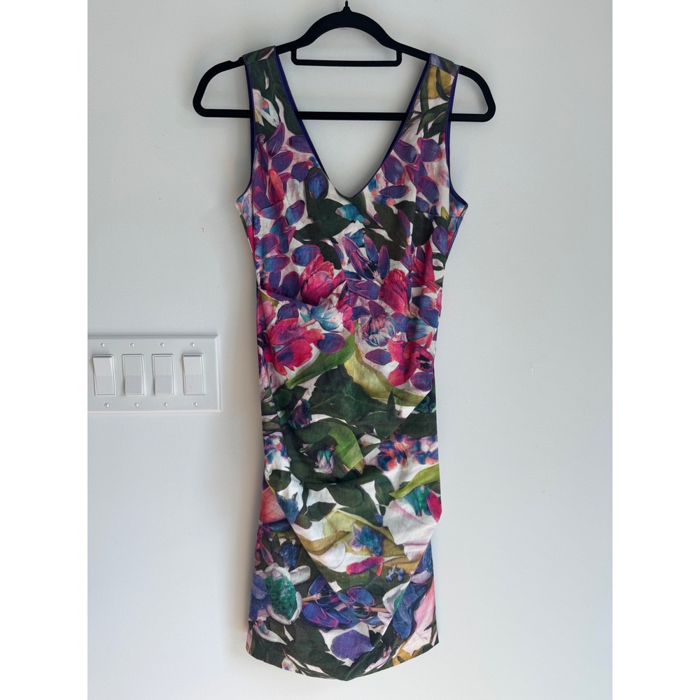 Nicole Miller Artelier Floral Linen Blend Ruched V-Neck Sheath Dress Size 8